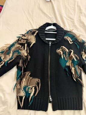 ANDERSSON BELL Black Bomber Cardigan Jacket with Teal & Beige Knit Accents